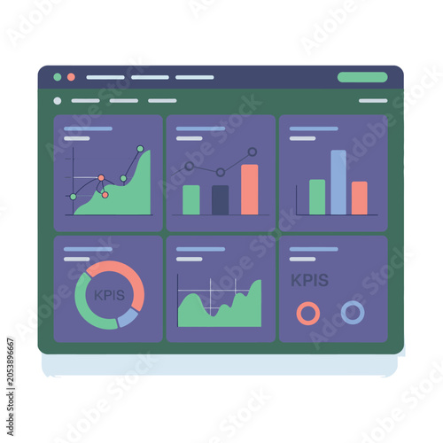 Dashboard interface with various charts and kpi data analytics, business