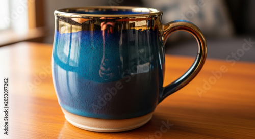 Beautiful blue ceramic coffee mug with gold rim sitting on a wooden table in a bright and cozy home kitchen morning