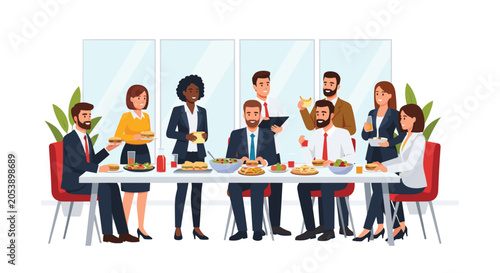 Large group of business people eating burgers and salads at long conference table in spacious office space.