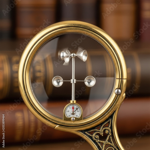 Vintage golden magnifying glass looking at a small weather vane instrument in a library with old books in the background
