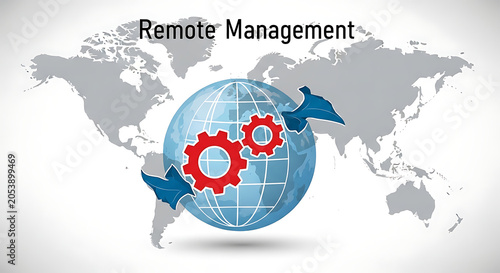 Globe centered with interlocking gears displays the concept of interconnected global remote management.
