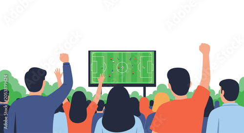 Cheering crowd with raised arms watching a soccer match on a large outdoor screen during an exciting live sports event.