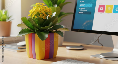 Small yellow flower in a colorful striped plant pot sitting on a wooden desk in a bright home office workstation area