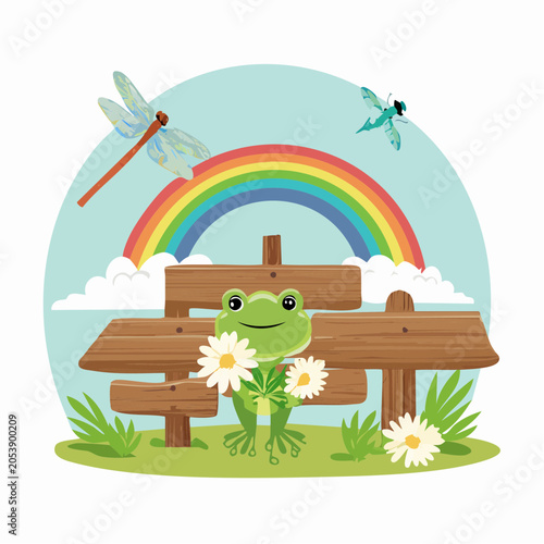 Cute Frog Holding Flowers with Rainbow and Dragonflies