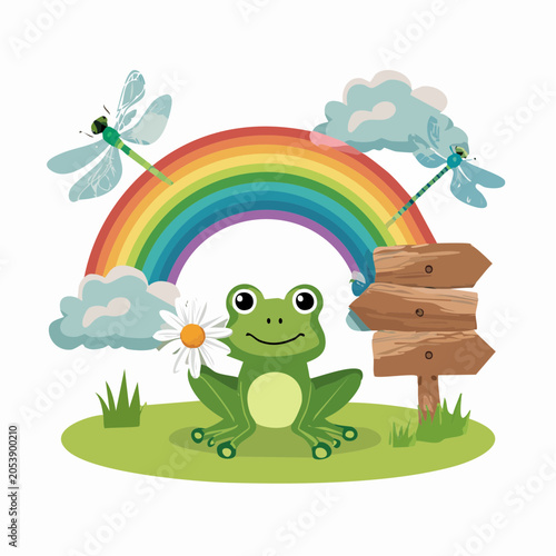 Cute Frog with Rainbow and Dragonflies