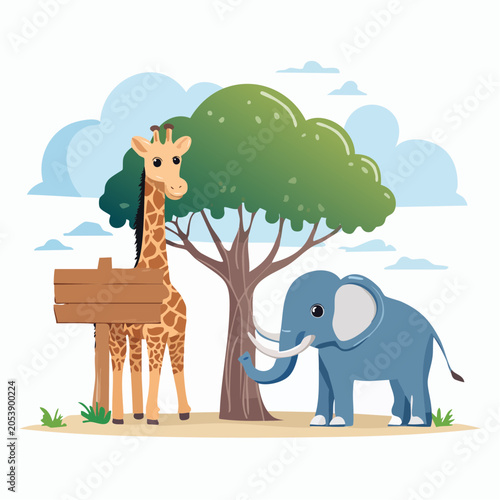 Cute Giraffe and Elephant with Wooden Sign Under Tree