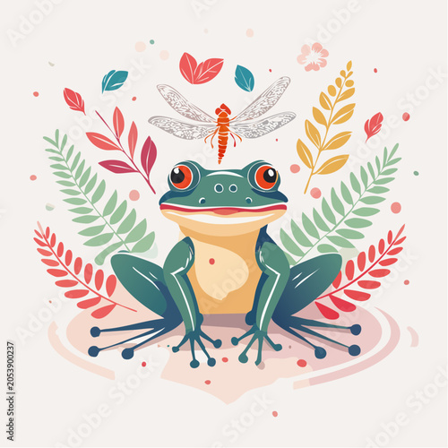 Cute Frog and Dragonfly Illustration with Floral Elements