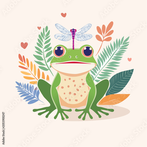 Cute Frog with Dragonfly and Leaves