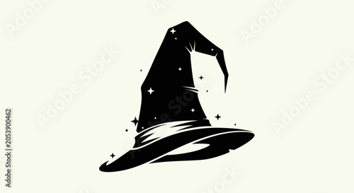 Black wizard hat silhouette with stars, magic and fantasy concept