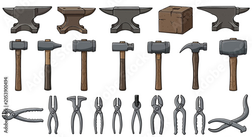 Foto Blacksmith Tools Collection: Anvils, Hammers, Pliers, Tongs - Vector Illustratio
