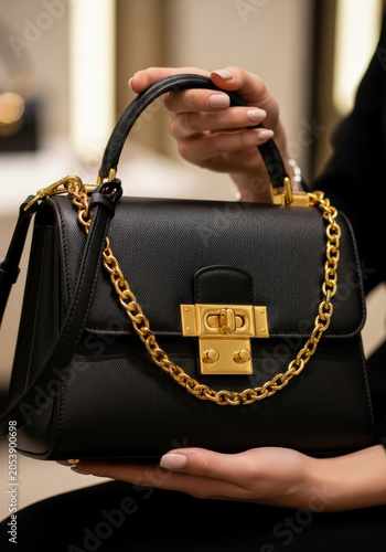 Elegant woman holding a black leather luxury handbag with a golden chain strap in a boutique shop for fashion shopping