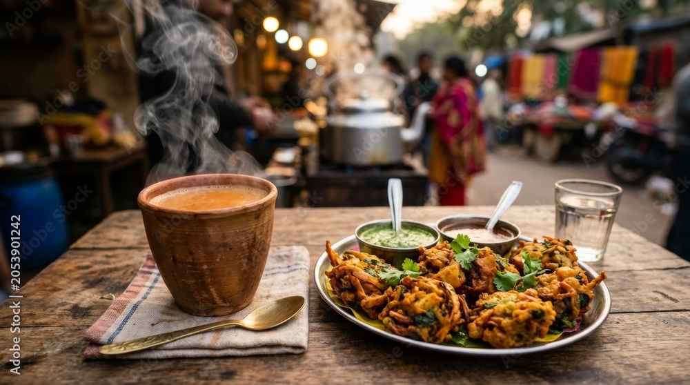 Fototapeta premium Hot chai served in traditional clay cup with fried pakora on plate. Indian street food snack on wooden table at local market. Authentic travel experience and delicious meal concept.