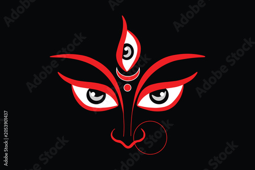 Goddess Durga face vector illustration, Maa Durga eyes for Navratri and Durga Puja festival, Hindu deity divine power symbol on black background