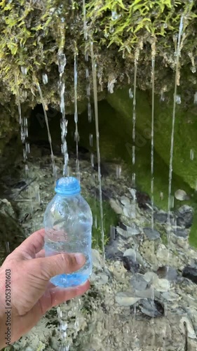 Filling a Bottle with Pure Spring Water Dripping from a Mossy Cliff