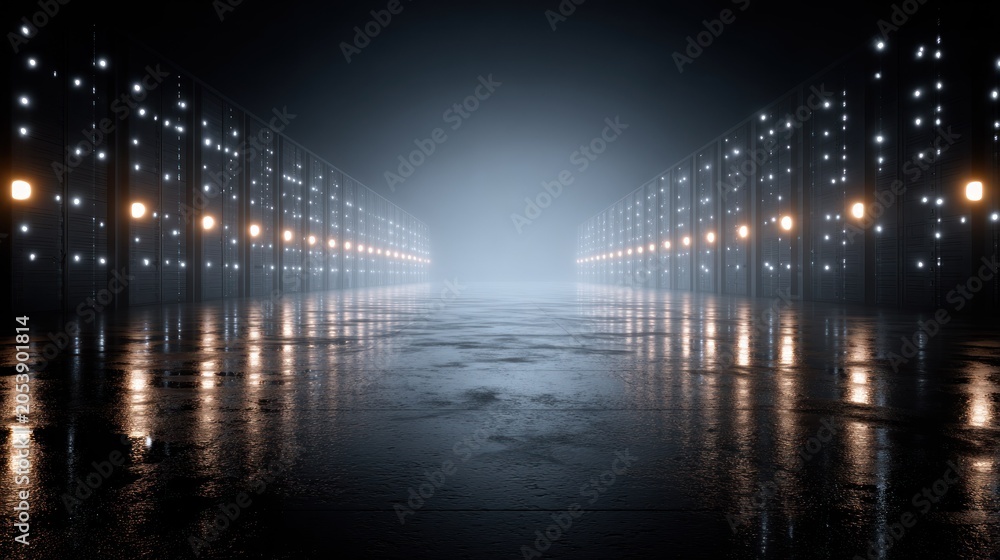 Fototapeta premium Dark industrial corridor illuminated by rows of blinking and steady lights reflects on a wet floor