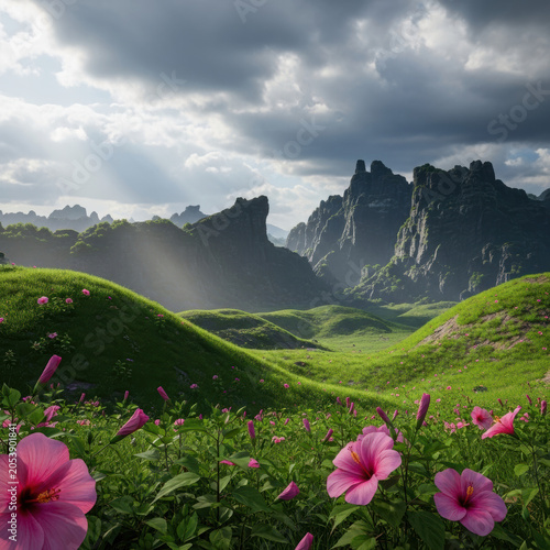 Beautiful pink hibiscus flowers blooming in a lush green valley with high rocky mountains under a dramatic cloudy sky