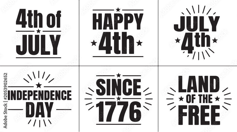 Obraz premium Minimalist fourth of july text labels with stars and rays for patriotic american holiday celebration design collection.