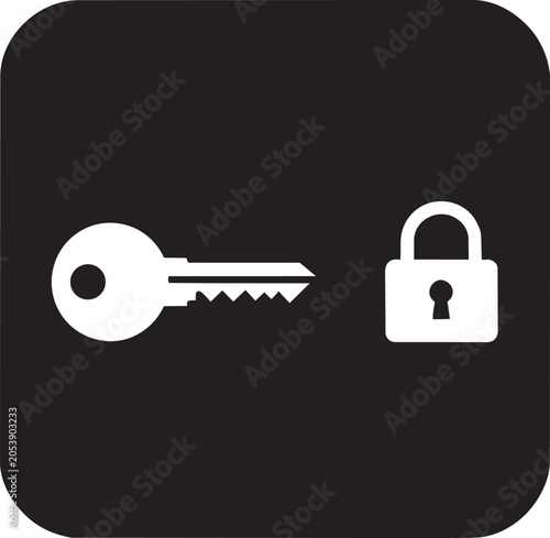 Minimalist security icon featuring a white key and padlock silhouette symbol inside a rounded black square shape on transparent background