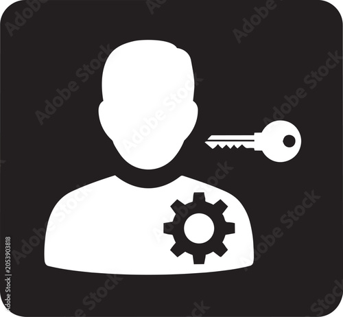 Account management silhouette icon with key and gear symbol showing user access control and system settings on transparent background