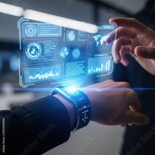 Person using a futuristic smart watch with a glowing blue digital data interface screen in a dark modern office setting