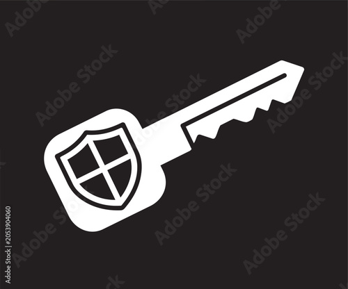 Security key icon with shield symbol representing digital protection and access control as a flat vector graphic on transparent background