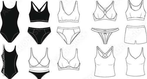 Quadro su tela Women’s lingerie and activewear vector illustration set with fashion motifs, und