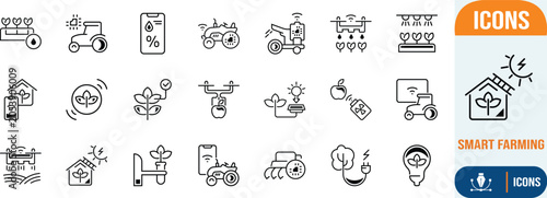 Smart farming and agriculture technology icons. tractor icon set, plant icon set, drone icon set