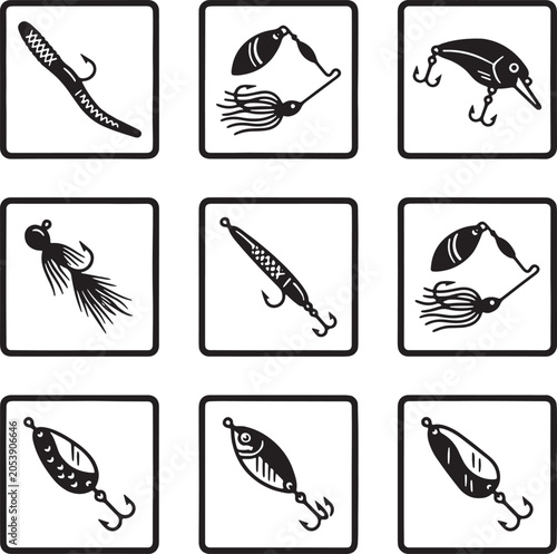 Fishing Lure and Bait Silhouette Icon Set – Angling Tackle Vector Collection


