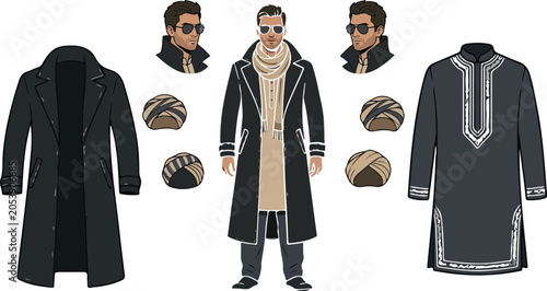 Foto Modern Middle Eastern male character design kit with traditional thobe long blac