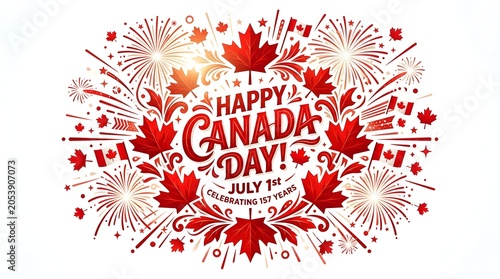 Happy Canada Day celebration with red maple leaf fireworks and festive greeting card design