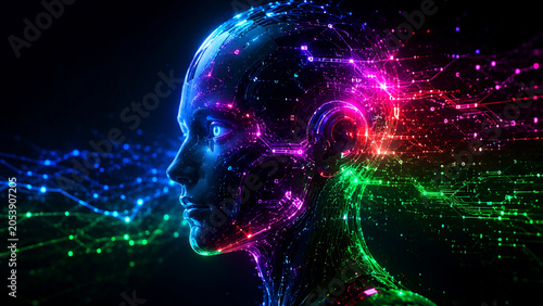 Futuristic Artificial Intelligence Human Profile with Colorful Neural Data Streams Digital Mind Network and Advanced Technology Visualization