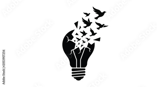 Broken lightbulb shattering into flying birds symbolizing new ideas and freedom.