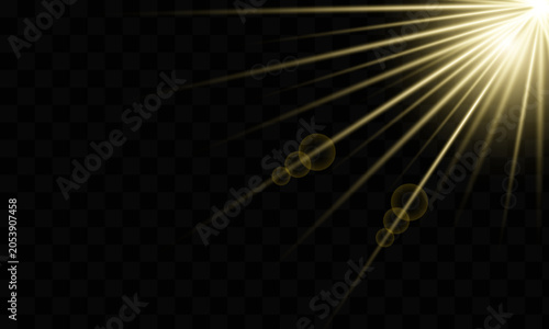 Golden light beam with radiant rays on transparent background