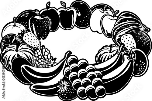 A black and white vector illustration of various fruits arranged in a circular pattern forming a wreath with apples, bananas, grapes, and berries in a graphic design