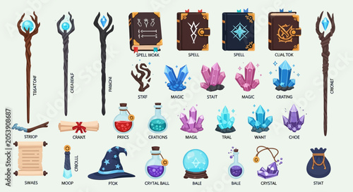 Canvastavla Fantasy Magic Elements: Staffs, Spellbooks, Crystals, Potions, Scrolls, Hat