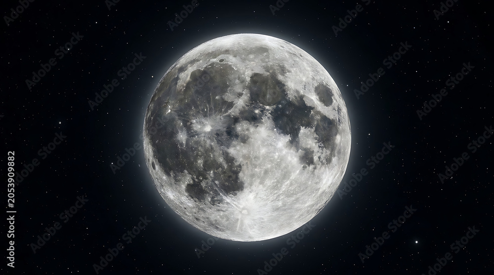 Fototapeta premium Full moon shining in the deep night sky surrounded by distant stars