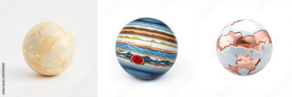 Fototapeta premium Three spherical objects represent planets. Each exhibits distinct surface features, colors, textures. Composition suggests artistic rendering, not realism.