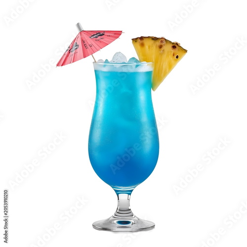 Blue Hawaii Cocktail with Pineapple and Umbrella Isolated on White Background