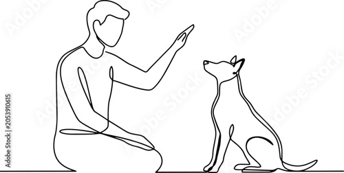 Obraz na płótnie Man training a dog, one line continuous drawing illustration with a person and c