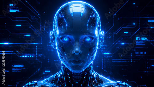 Futuristic Artificial Intelligence Humanoid Robot Portrait with Digital Neural Network Cyber Technology Interface and Advanced Machine Learning Visualization