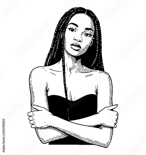 Confident Black woman with box braids posing arms crossed in a strapless top black and white illustration