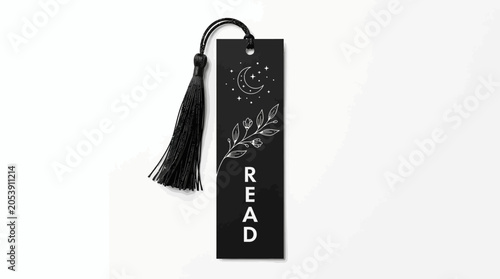 Black bookmark with tassel and floral design featuring the word 'READ' on a white background with a close-up shot and subtle minimalist mood.
