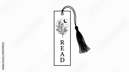 Black and white illustration of a bookmark with tassel and READ text on a clean white background.