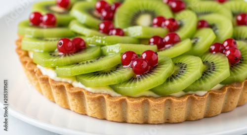Fresh fruit tart topped with sliced green kiwi and red currants on a plate