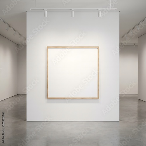 A blank poster mockup hangs on a large white wall in a modern art gallery with a wooden frame.