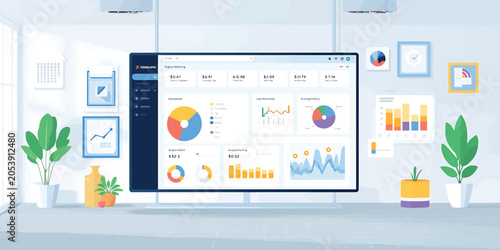 Digital Business Analytics Dashboard Displaying Financial Data Trends on a Large Office Monitor