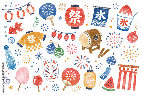 日本の夏祭りスタンプ風イラストセット
