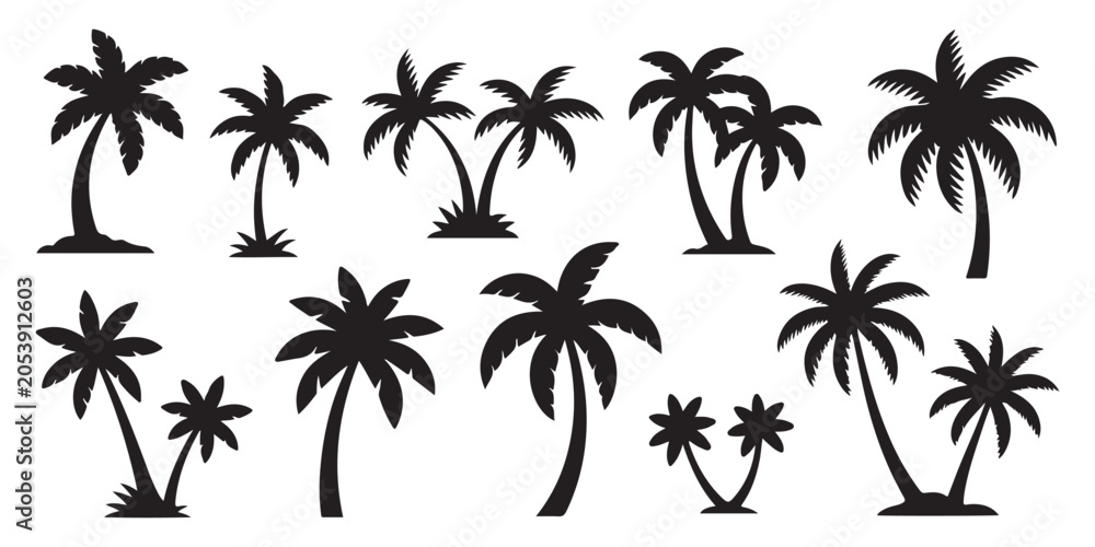 Fototapeta premium Black palm tree silhouette collection set isolated on white background with tropical plant summer vacation theme.