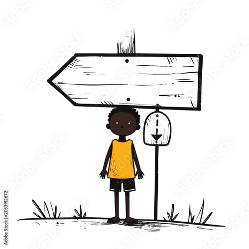 Young boy standing next to a blank wooden arrow sign illustration.