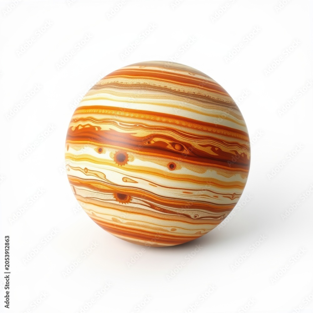 Fototapeta premium Planet surface shows swirling bands, warm colors. Texture resembles fluid dynamics, creating abstract patterns. Light reflects softly.
